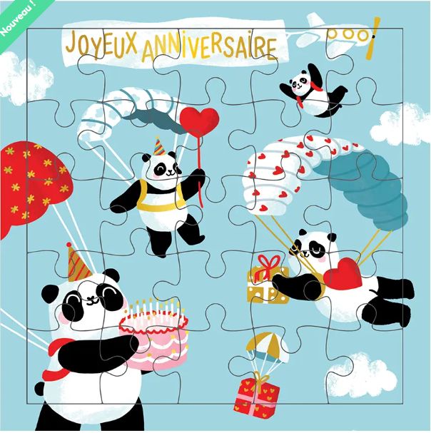 Carte puzzle joyeux anniversaire pandas