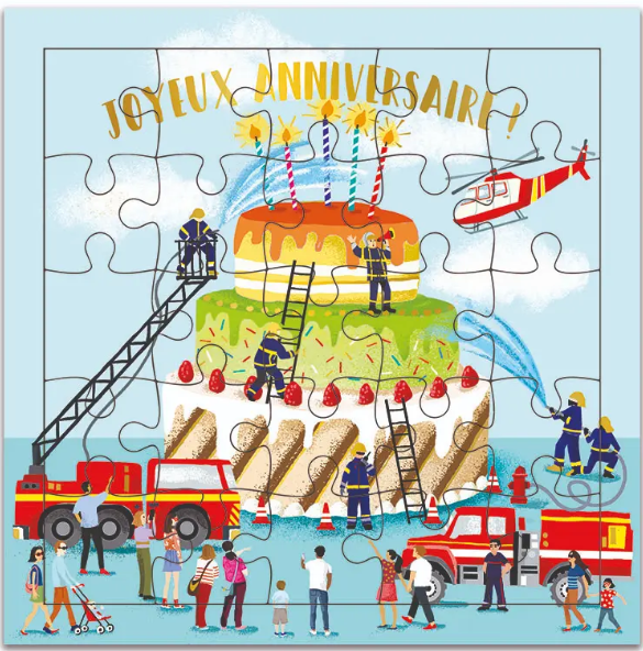 Carte puzzle joyeux anniversaire pompiers