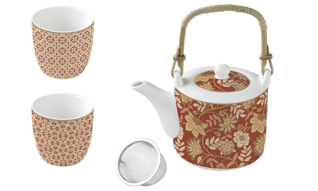 Coffret théière avec filtre et 2 tasses en porcelaine fine, fleurs de rêves
