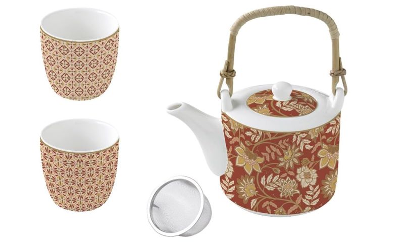 Coffret théière avec filtre et 2 tasses en porcelaine fine, fleurs de rêves