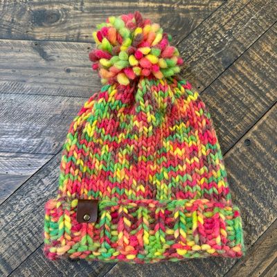 Multi Color Super Bulky Hat with Pompom &amp; Tag