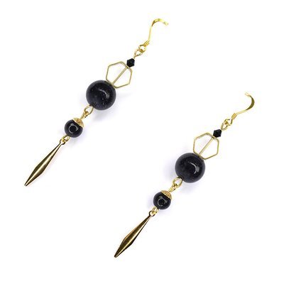 Golden hexagon - black shiny breads, 925 golden hook, elegant, long earrings, Hong Kong, fashion jewellery
