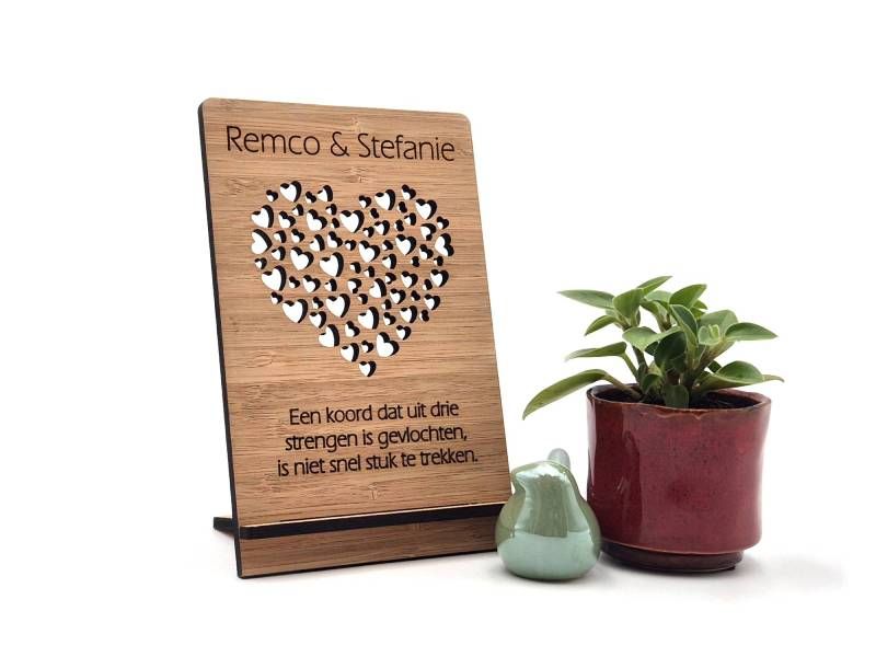 Houten brievenbus cadeau, te personaliseren met namen bruidspaar, trouwtekst, namen kinderen of persoonlijke tekst