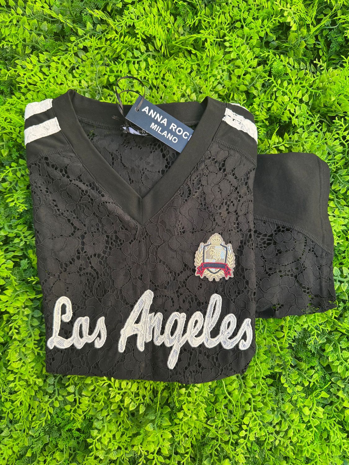 T-Shirt Anna Rock "Los Angeles" nera in pizzo TAGLIA UNICA