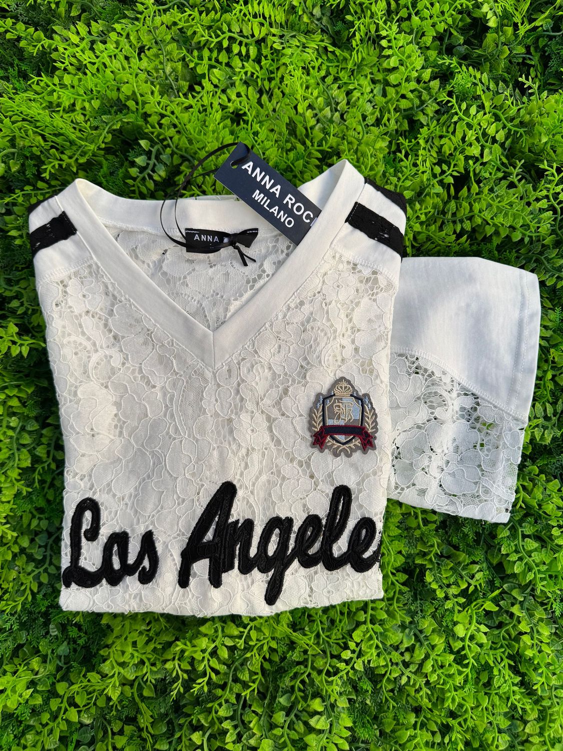 T-Shirt Anna Rock "Los Angeles" bianca in pizzo TAGLIA UNICA