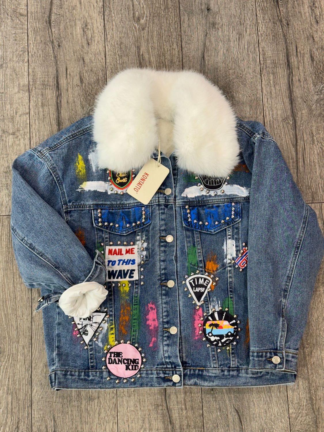 KONTATTO Giacca Denim ONE SIZE Pelliccia Borchie