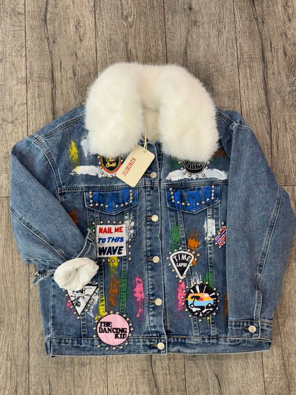 KONTATTO Giacca Denim ONE SIZE Pelliccia Borchie