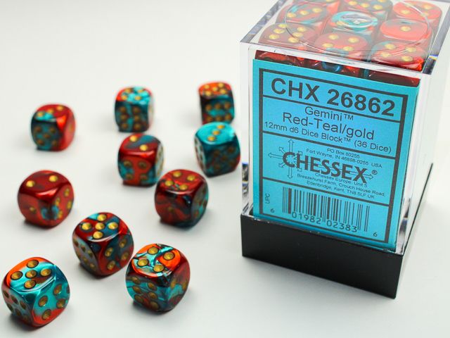 Chessex Gemini 36xD6 Red-Teal/Gold 12mm Dice