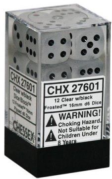 Chessex Frosted 12xD6 Clear/Black 16mm Dice