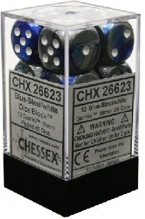 Chessex Gemini 12xD6 Blue-Steel/White 16mm Dice