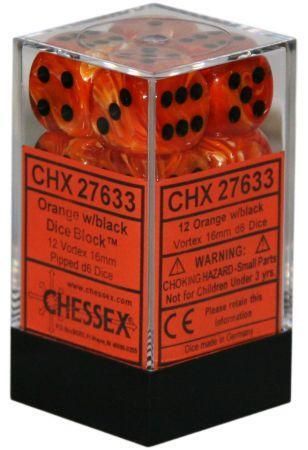 Chessex Vortex 12xD6 Orange/Black 16mm Dice
