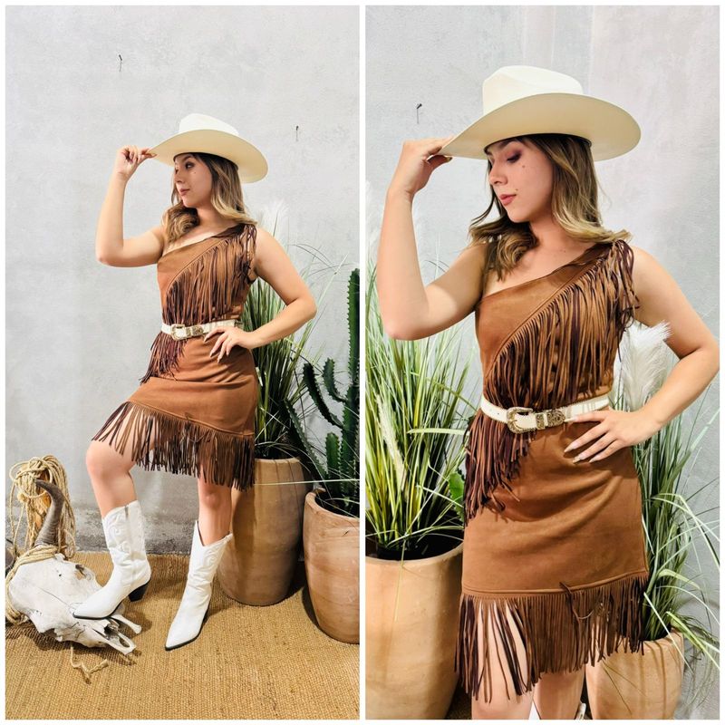 VESTIDO AL HOMBRO CON FLEQUILLOS