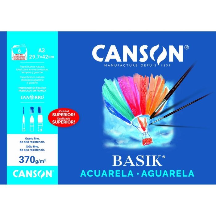 PAPEL ACUARELA CANSON BASIK A3 370G MINIPACK 6H