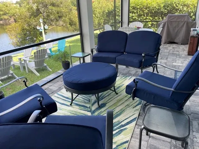 Edington Swivel Lounge Chairs with Outdoor Custom Cushions installed