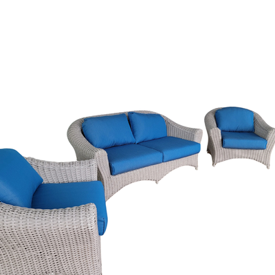 Lily Bay Patio Lounge Chair and Loveseat from the Martha Stewart Patio Furniture collection with outdoor custom cushions installed on a white background