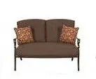 Brown Outdoor Custom Cushions on a Miramar Loveseat with small decorative cushion pillows by Outdoor Custom Cushions