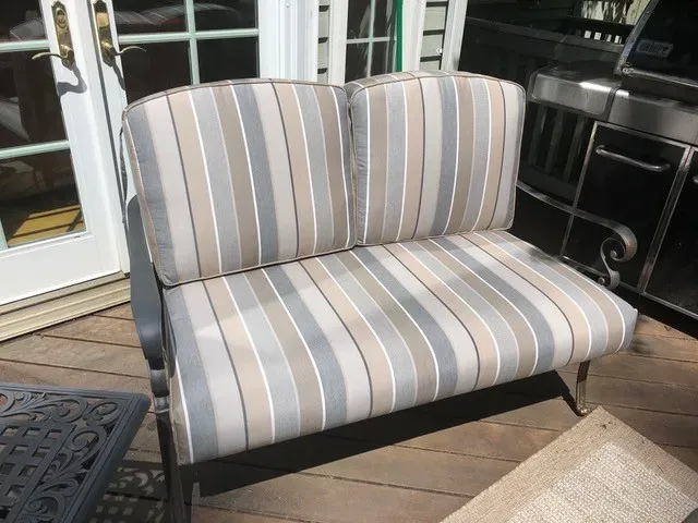 Miramar Loveseat with Grey Striped Outdoor Custom Cushions on a white background