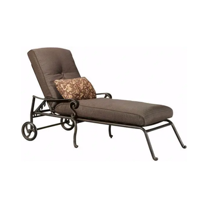 Miramar Chaise Lounge by Martha Stewart with a Toffee Brown Outdoor Custom Cushion Chaise Lounge Replacement Cushion installed all on a white background
