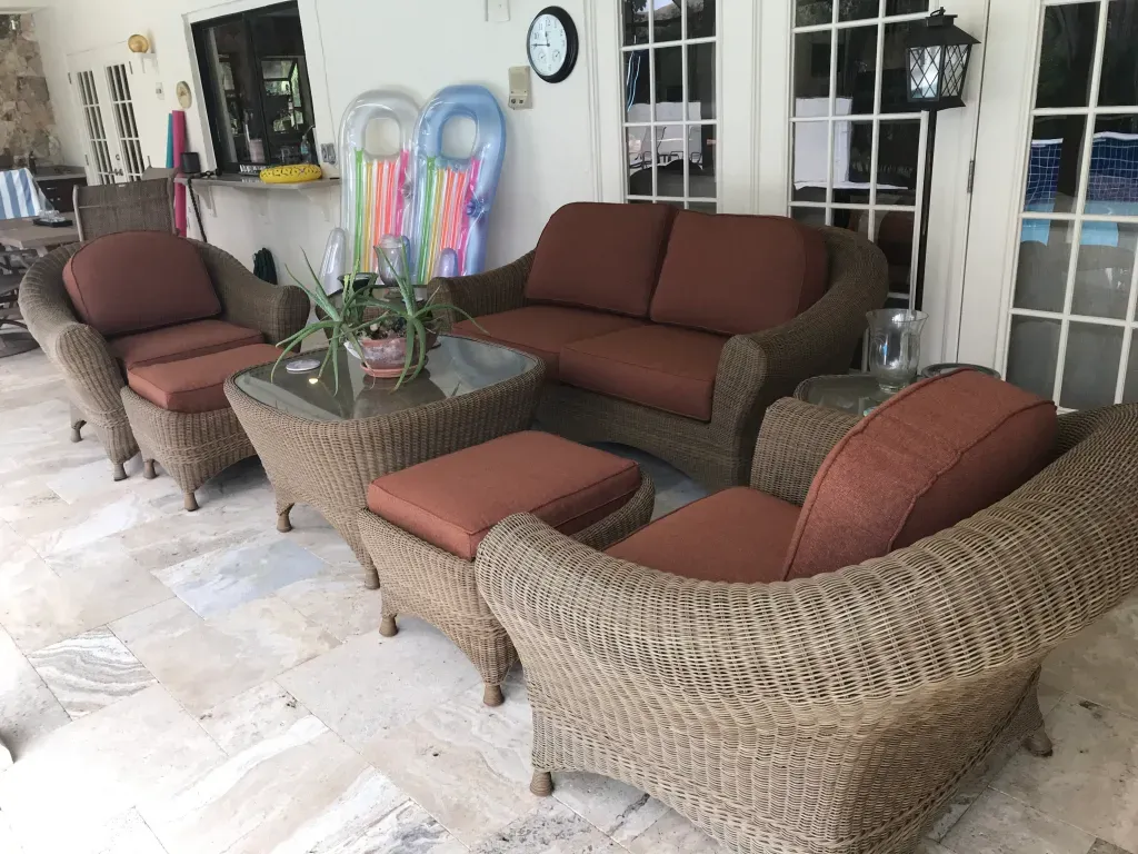 Santa Rosa Loveseat by Hampton Bay with OCC royal blue custom cushions