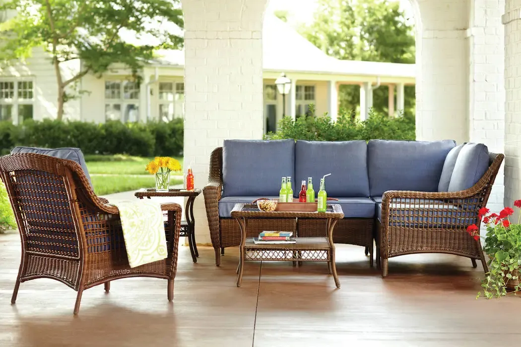 Spring Haven Outdoor Patio Sofa with denim blue custom cushions