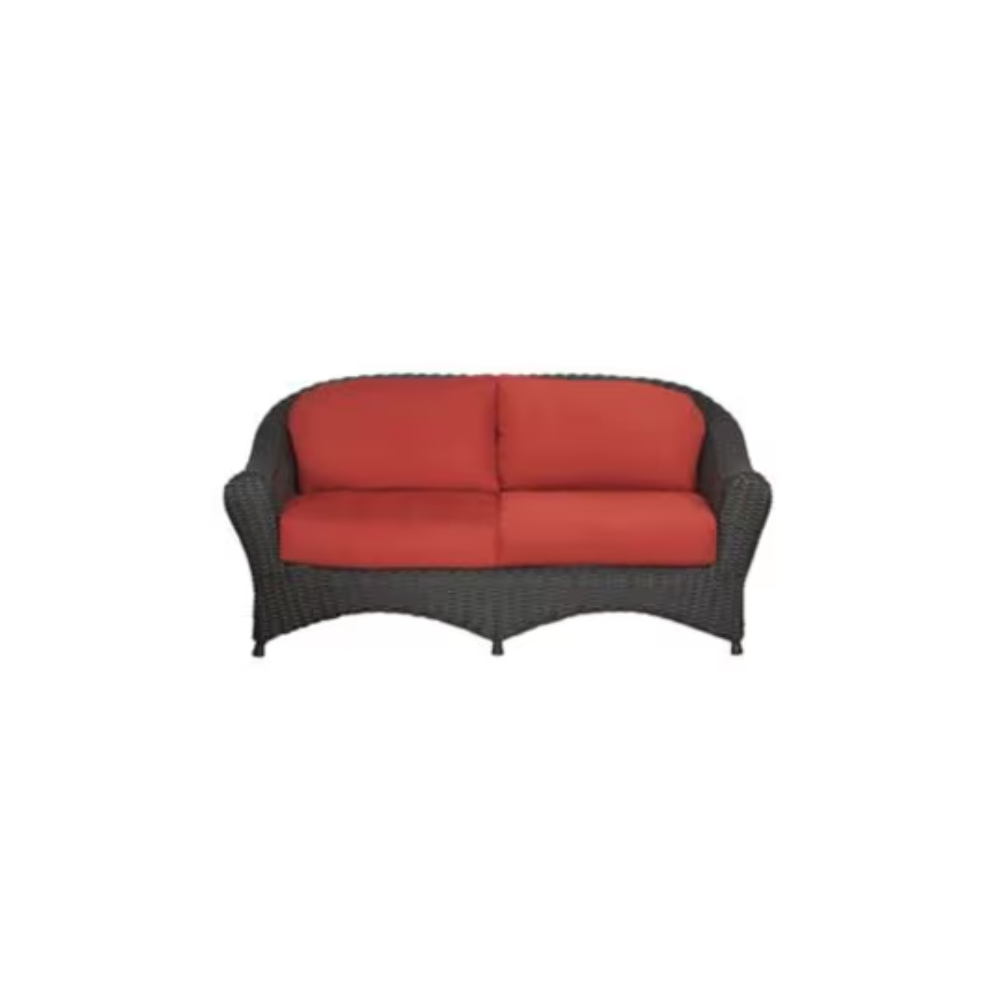 Lake Adela Loveseat with Red & White Pin Stripe cushions by Outdoor Custom Cushions with matching coffee table in front