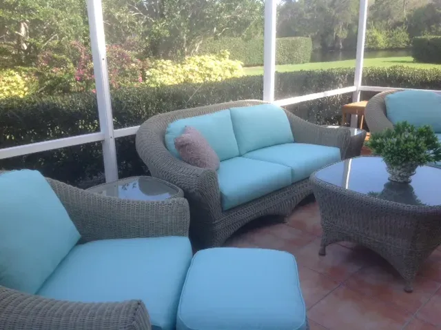Lily Bay Patio Lounge Chair and Loveseat from the Martha Stewart Patio Furniture collection with outdoor custom cushions installed on a white background