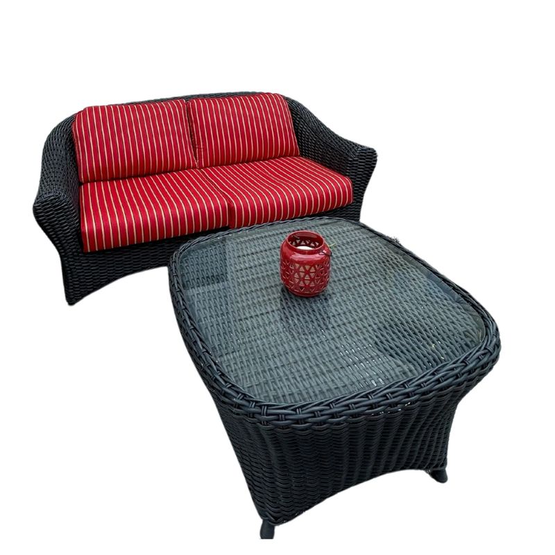 Lake Adela Loveseat with red & white pinstripe Outdoor Custom Cushion fabric and coffee table