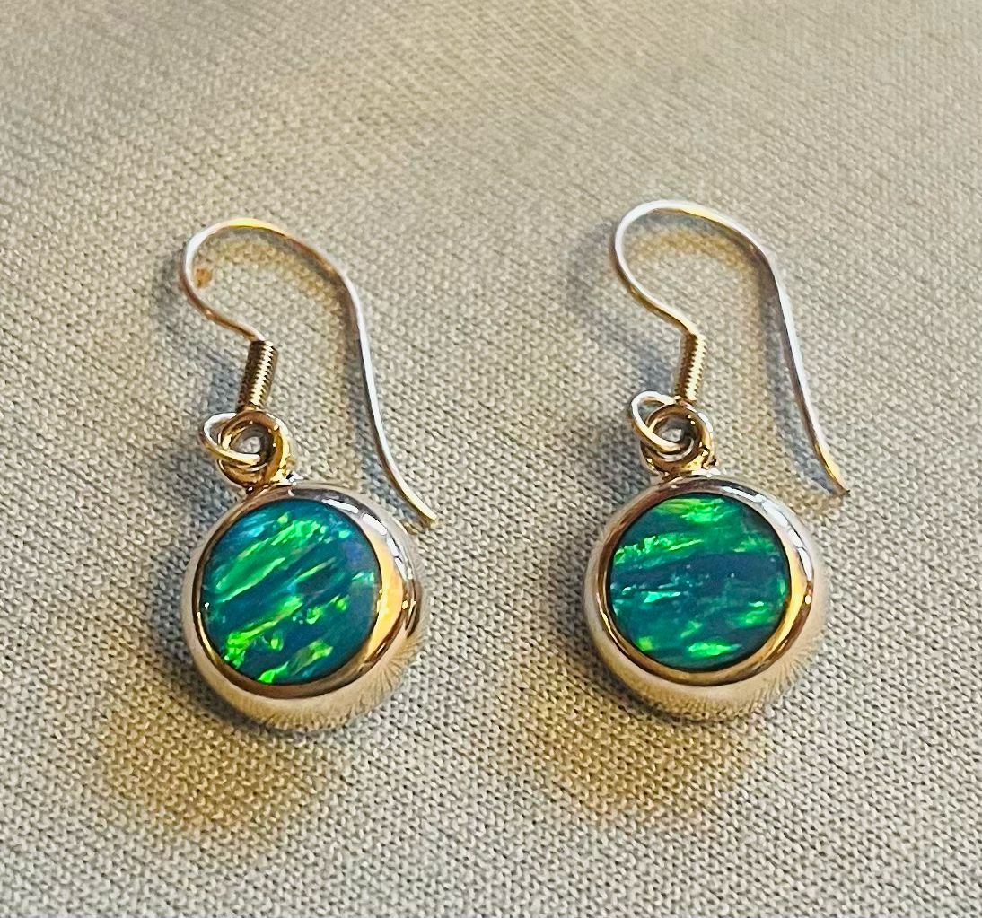 Green with Blue Tones Lab Opal Earrings