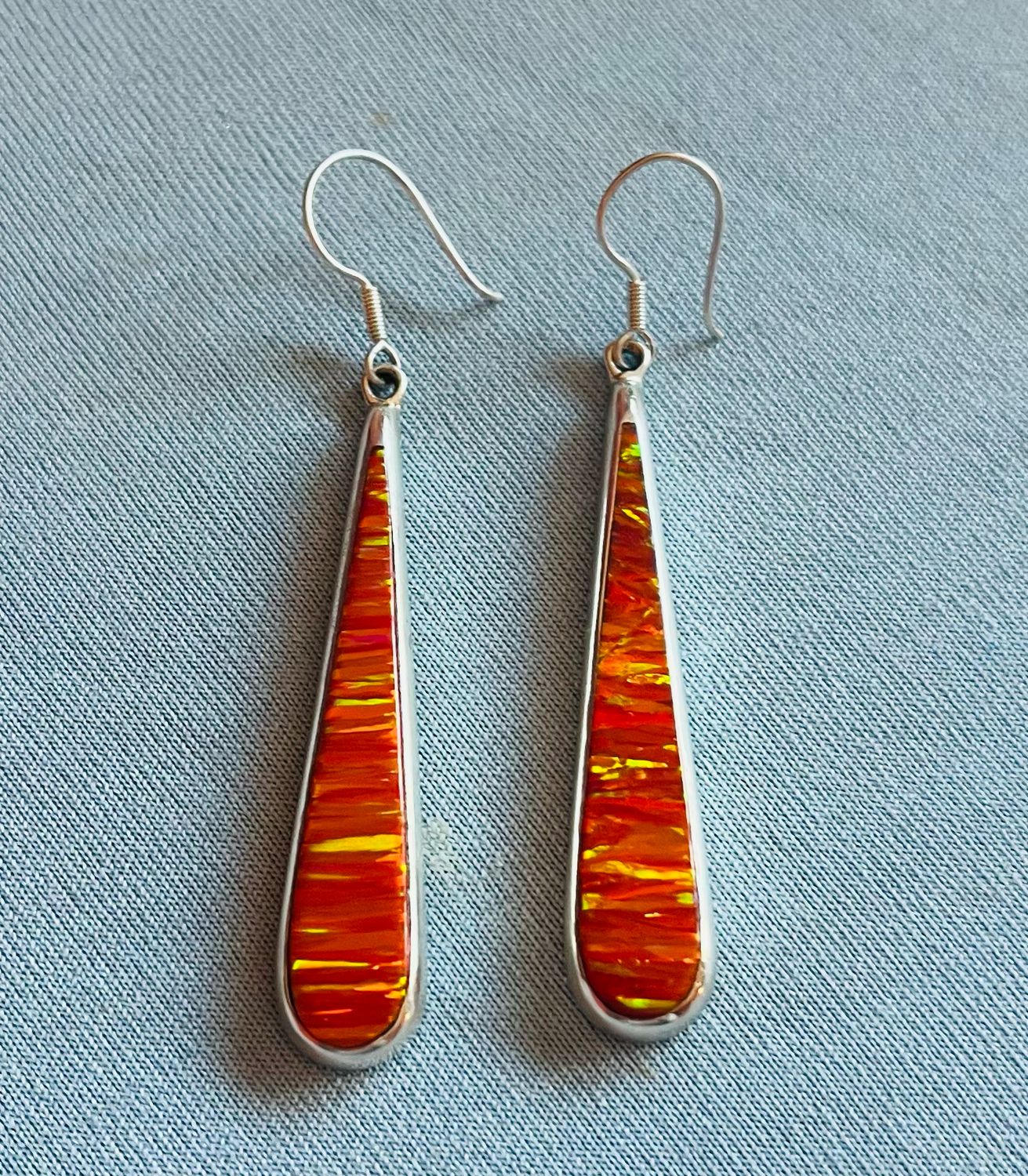Long Thin Orange Lab Opal Earrings