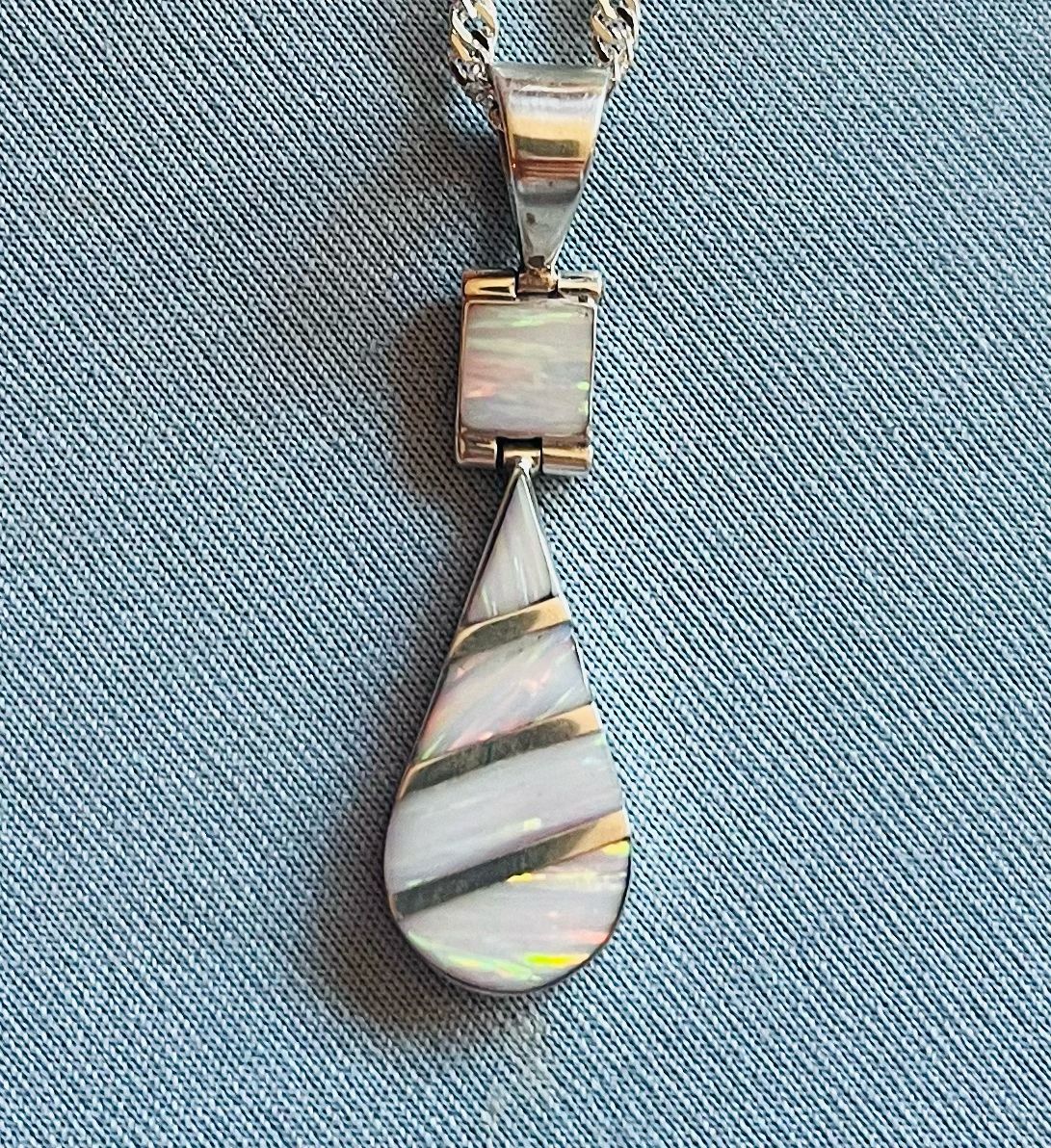 White Lab Opal Teardrop Necklace