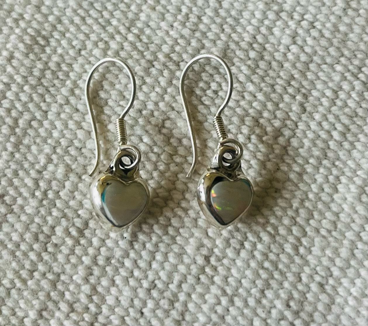 Tiny White Lab Opal Heart Earrings