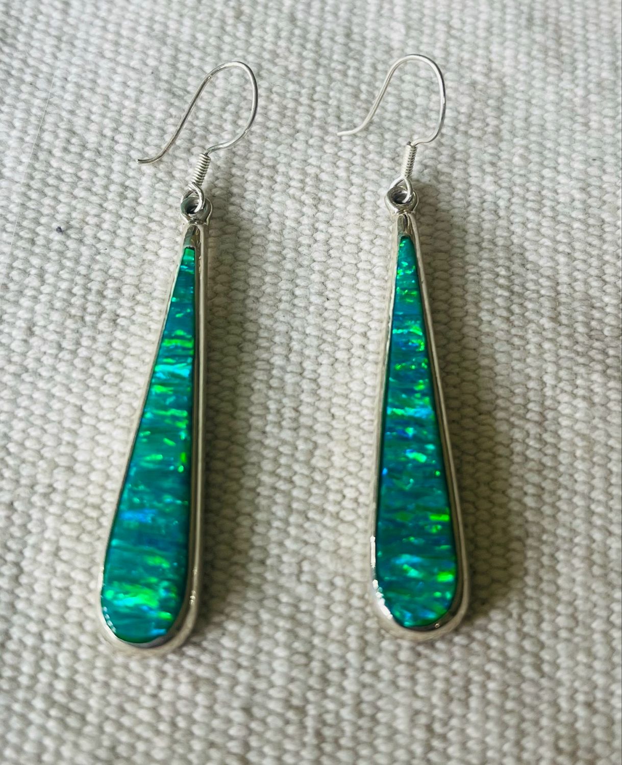 Long Green with Blue Lab Opal Earrings