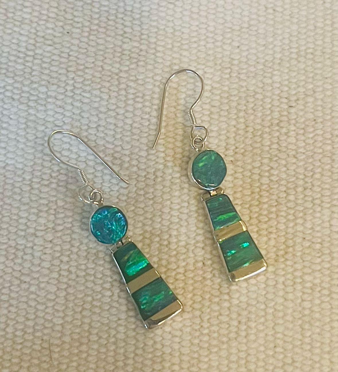 Green/Blue Lab Opal Circle &amp; Triangle Earrings