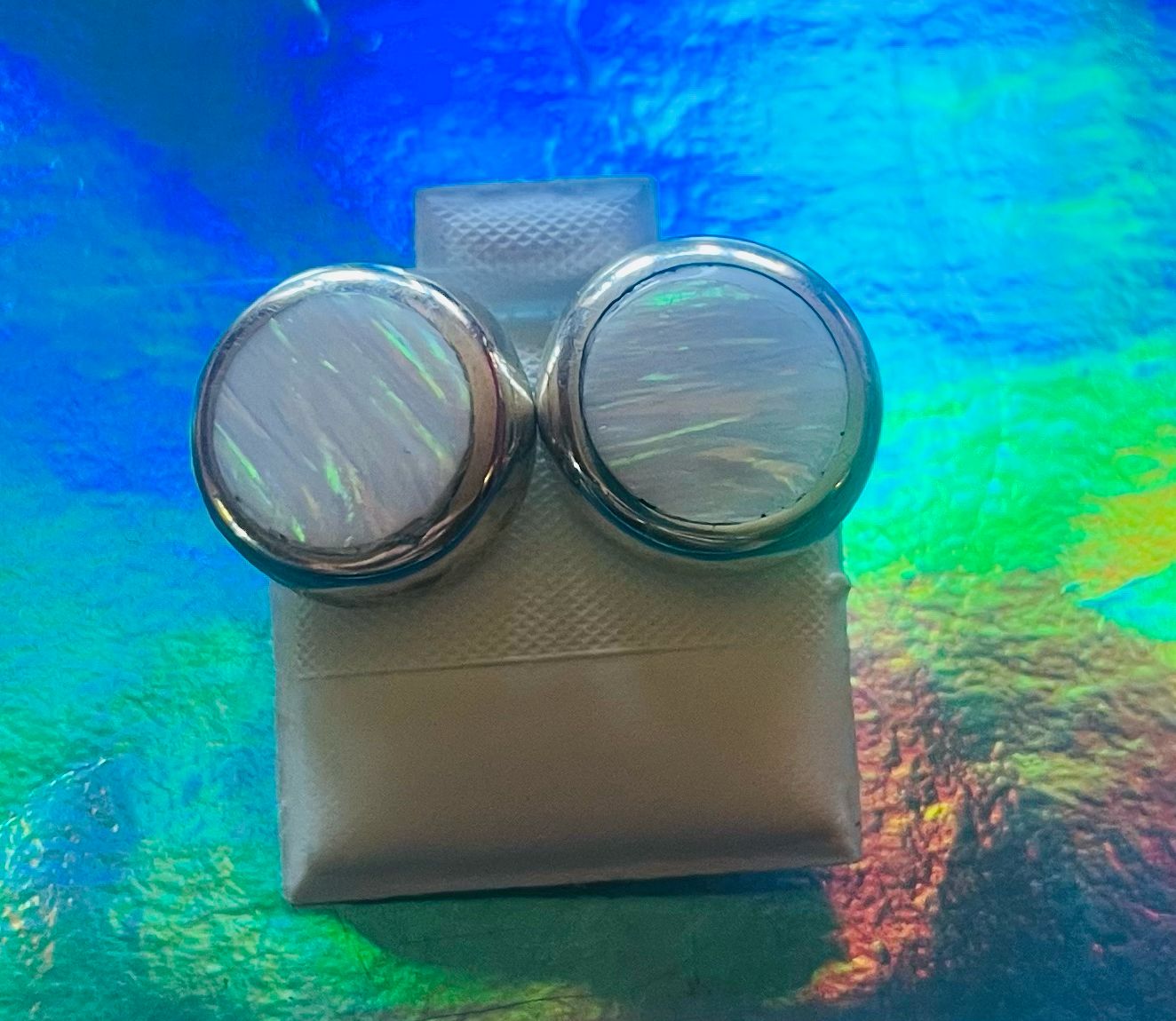 White Opal Circle Post Earrings