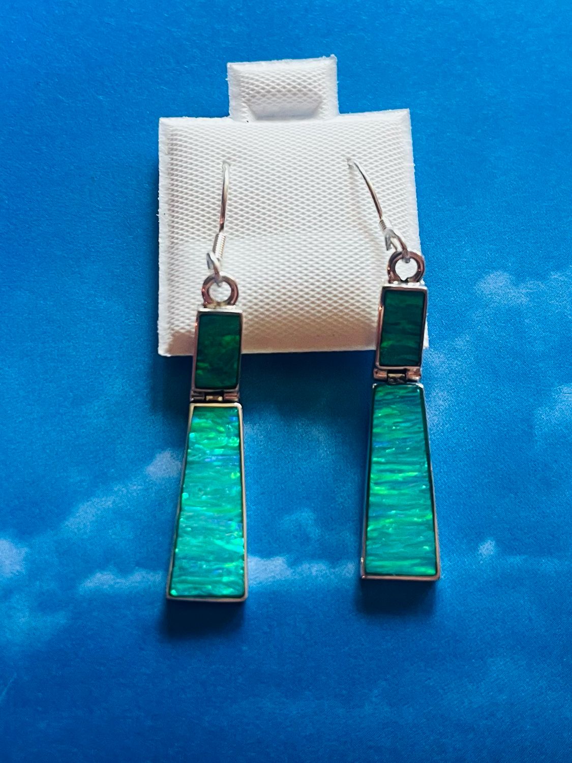 Green-blue Lab Opal Hinge Earrings