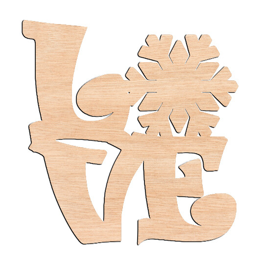 &quot;LOVE&quot; with Snowflake - Raw Wood Cutout