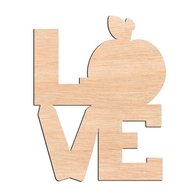 "LOVE" with Apple and Book - Raw Wood Cutout