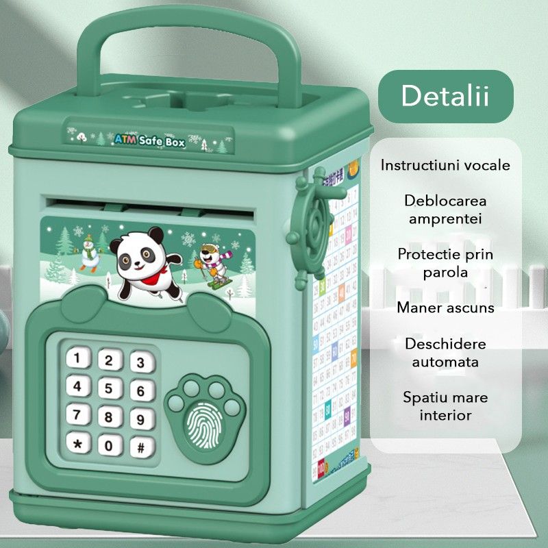 Pusculita pentru Copii,  pusculita pentru economii  cu efecte sonore, Tip ATM, cu Parola cu Amprenta, din plastic, 20 x 13.5 x 11.5 cm Verde