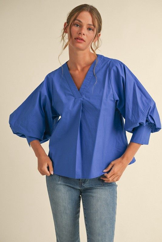 V-Neck Blouse with Puff 3/4 Sleeve