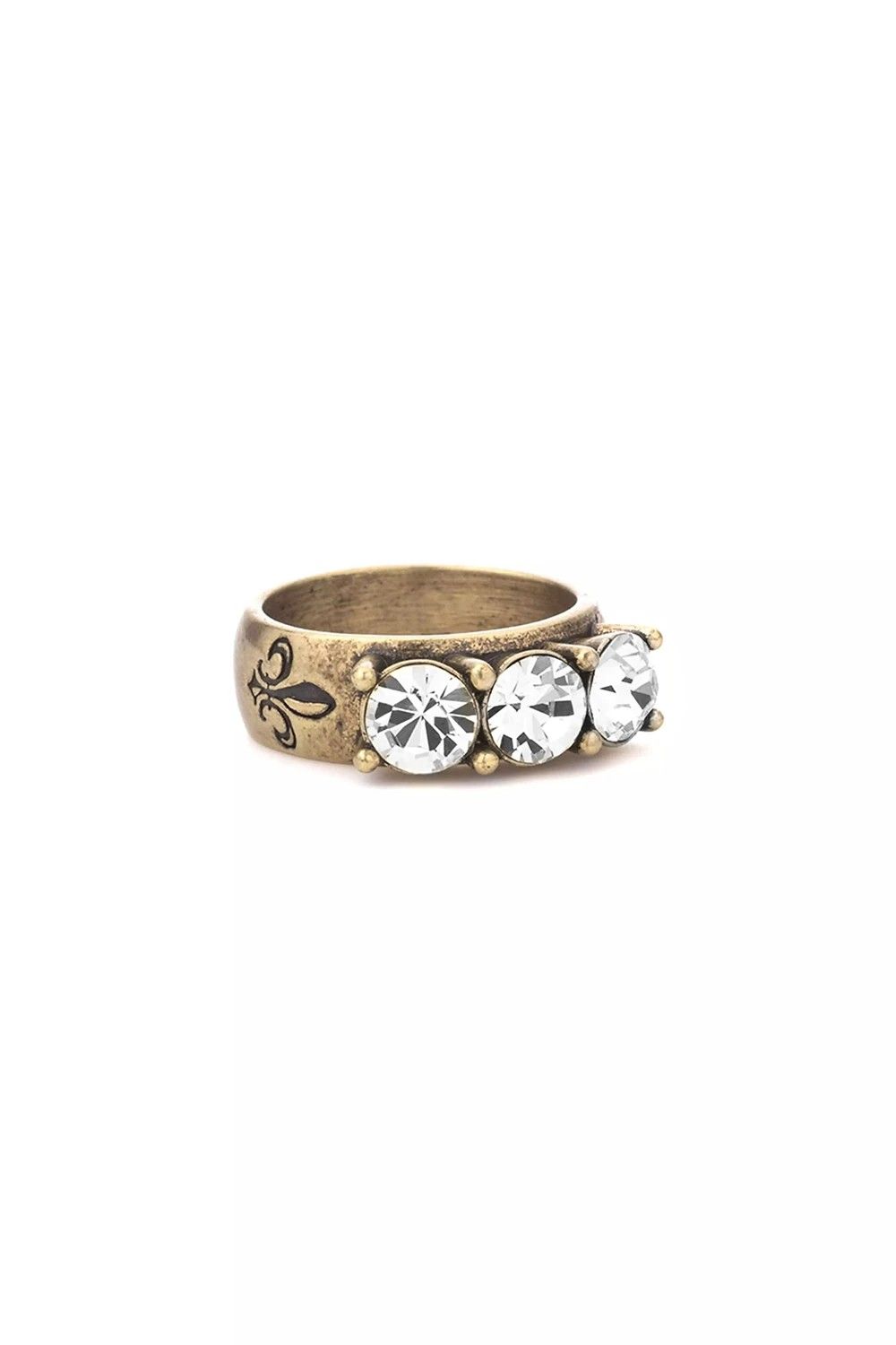 Huggie Ring, Colour: Austrian Crystal, Size: 7, Material: Antique Brass
