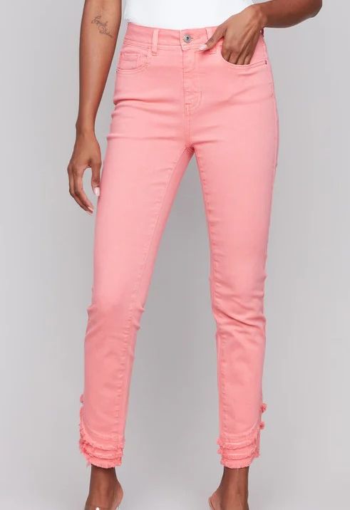 Tiered Fringe Hemmed Skinny Legged Jeans, Size: 4, Colour: watermelon