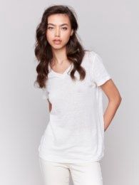 V-Neck Linen T Shirt, Size: S, Colour: Natural