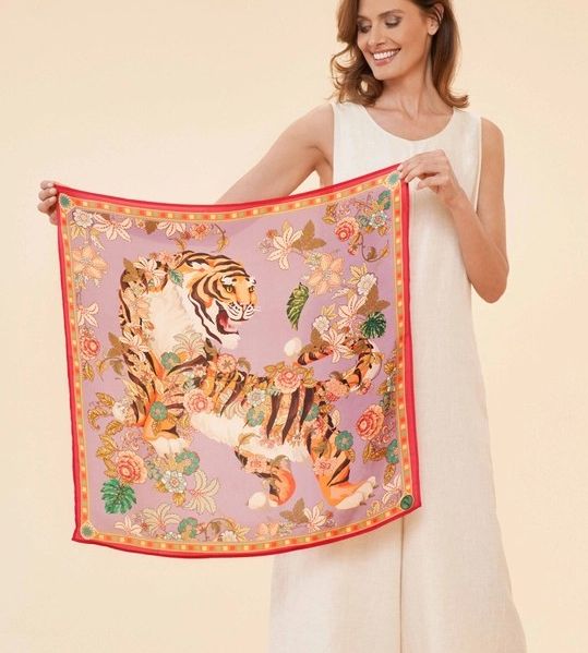 100% Silk Neck Scarf, Colour: Prancing Tiger