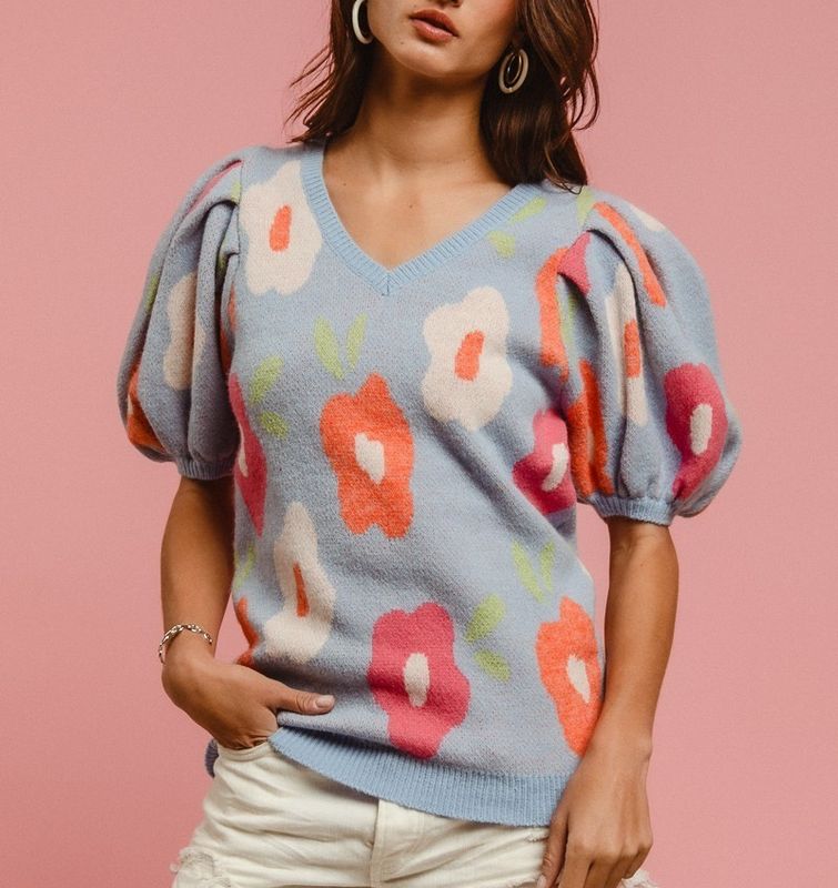 Miss Sparkling Floral Embroidered V-Neck Sweater main image 1