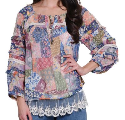 Patched Print Peasant Top W/ Lace Accents