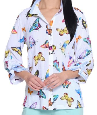 Butterfly Print Wire Collar Button Front Top