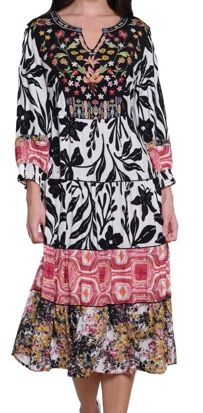 Mixed Print Dress W/ Embroidery, Size: Small