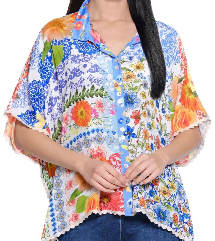 Oversized Button Front Top W/ Lace Trim, Size: S/M