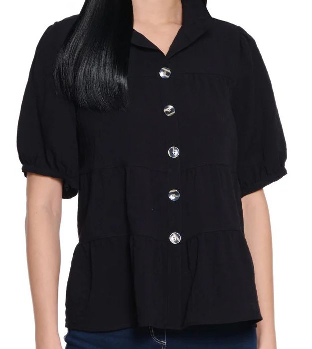 Button Front Short Slv Top W/ Tiered Body, Size: Small, Colour: Black