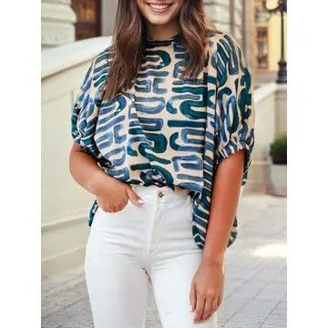 Abstract Print Round Neck Dolman Blouse